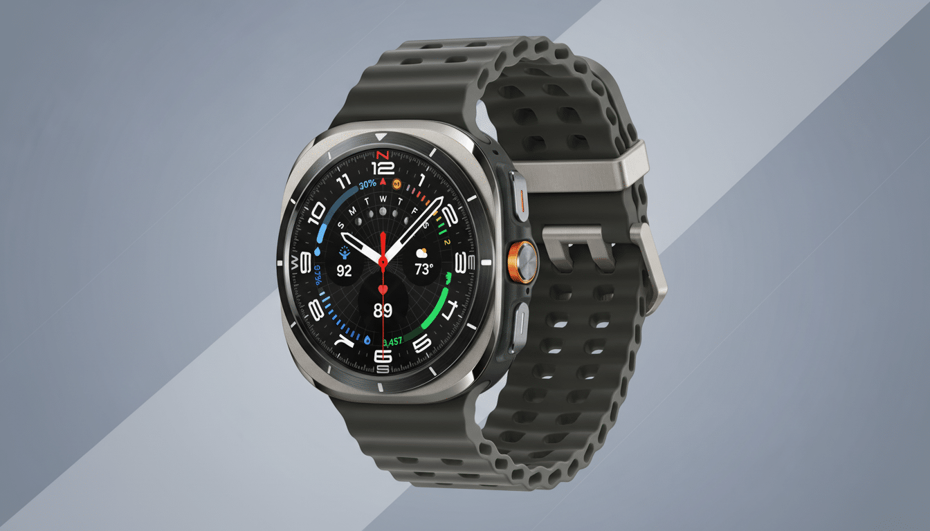A professional image of a smartwatch with a dark grey band and a silver casing, set against a clean, grey background with a subtle diagonal pattern.