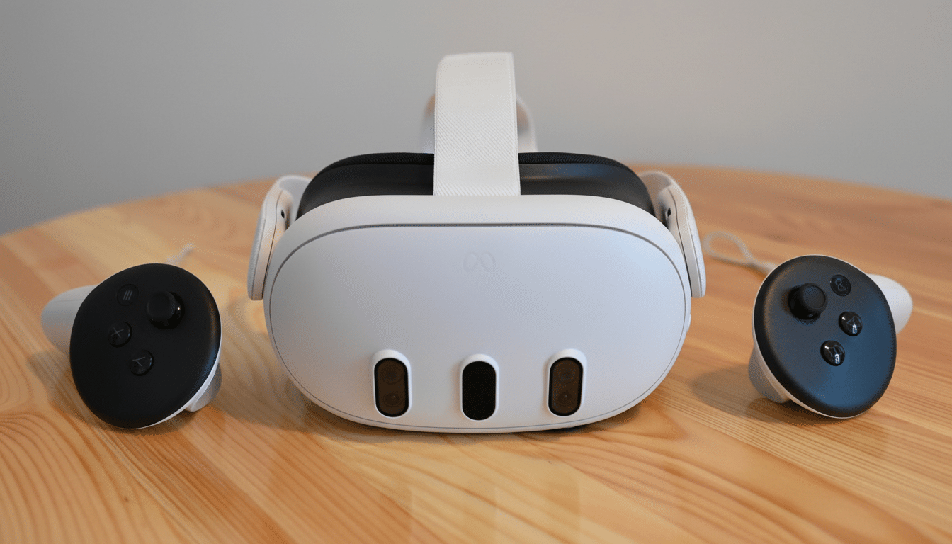 A white Meta Quest 3 VR headset with two controllers on a wooden table, resized to a 16:9 aspect ratio.