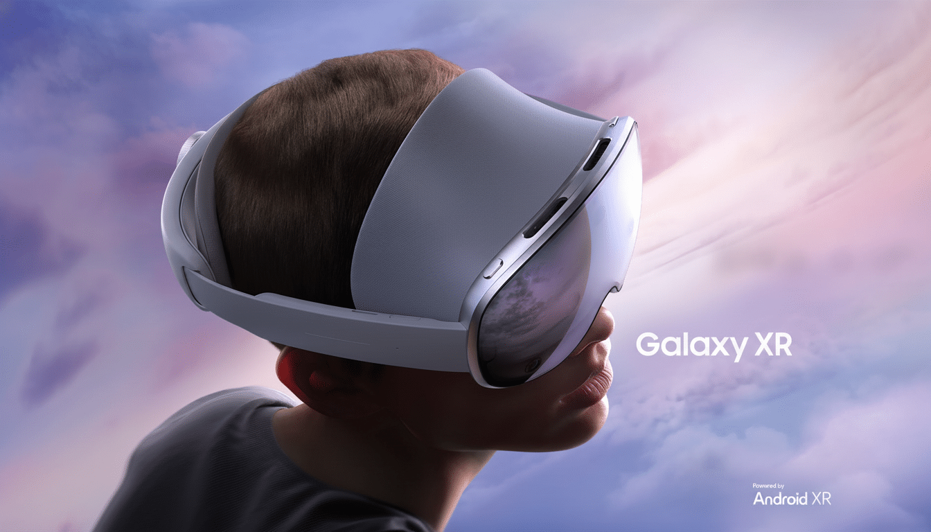 A person wearing a white Samsung Galaxy XR virtual reality headset, looking up against a backdrop of a cloudy sky with hues of pink and purple. The Galaxy XR logo and Powered by Android XR are visible in the bottom right corner.