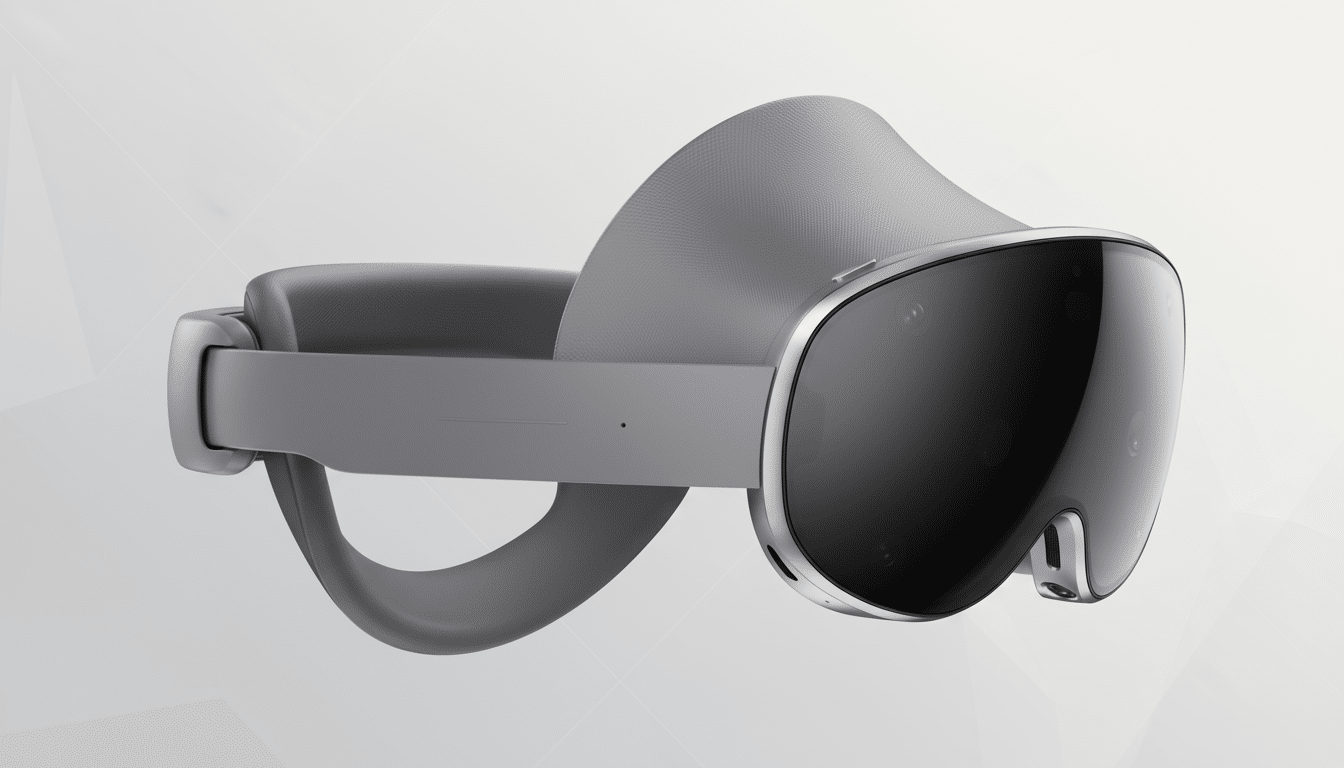 A gray virtual reality headset with a black visor and silver accents, presented on a professional light gray background with subtle geometric patterns.