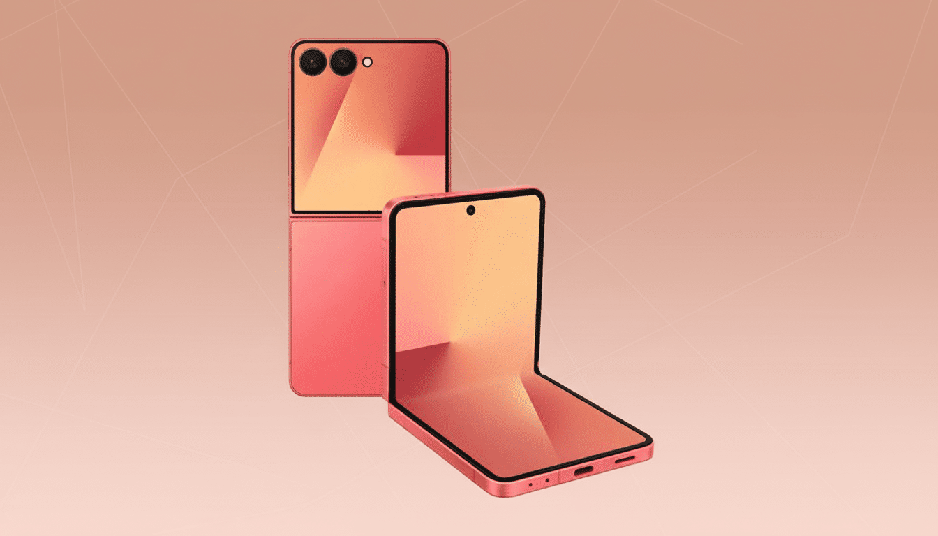 A pink foldable smartphone, partially open, with another closed pink smartphone behind it, set against a soft pink background with subtle geometric patterns.