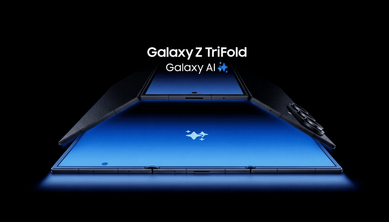 A Samsung Galaxy Z TriFold phone, open and displaying a blue screen with a sparkling icon, against a dark background.