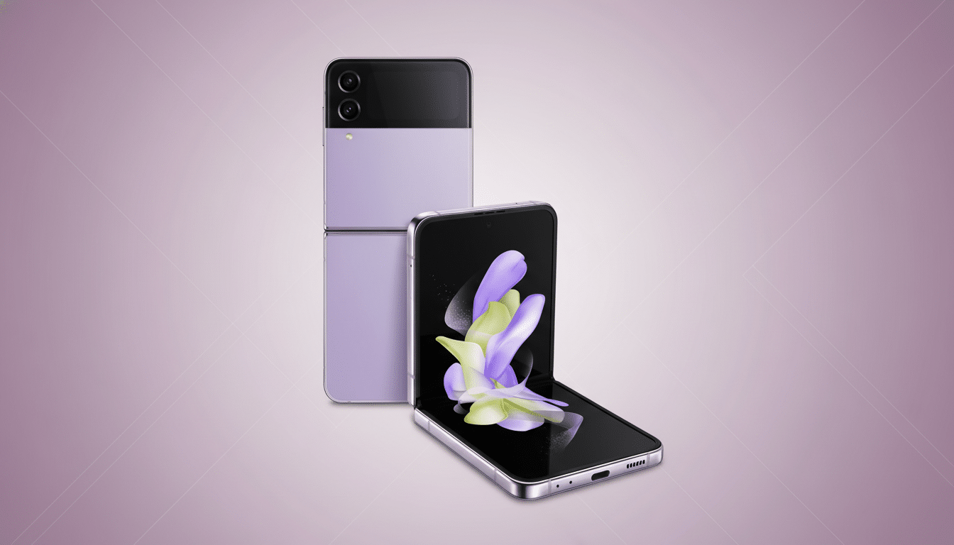A purple Samsung Galaxy Z Flip 4 phone, partially folded, with another identical phone lying flat behind it, all set against a professional flat design background with soft patterns and gradients.