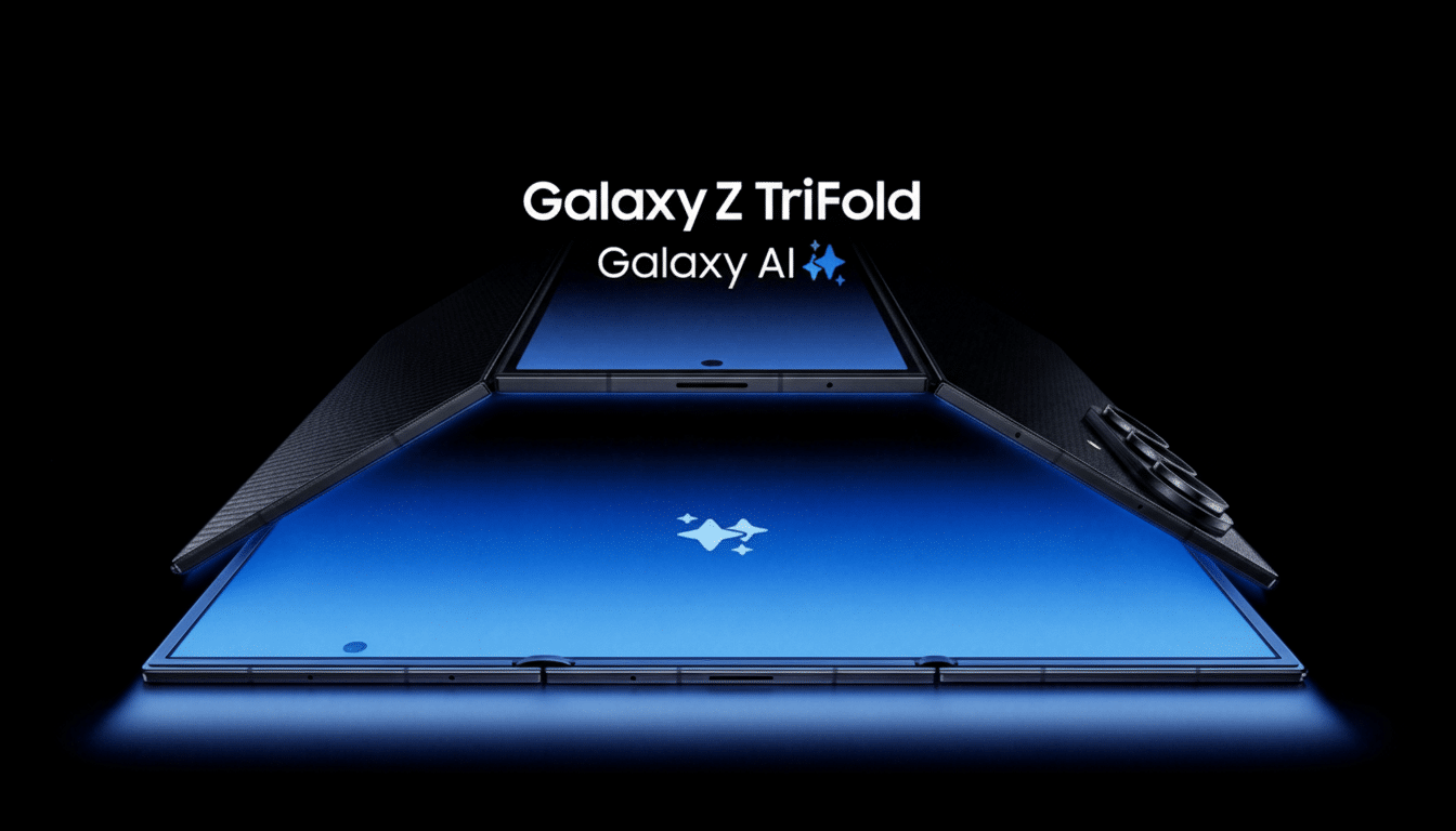 A Samsung Galaxy Z TriFold phone, partially unfolded to reveal a blue screen with a sparkling icon, against a dark background.