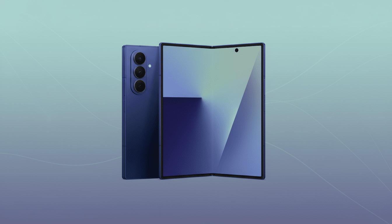A blue foldable smartphone is displayed with its screen open, showing a gradient wallpaper. Another blue smartphone is positioned behind it, showing its back with a triple camera setup. The background is a professional flat design with soft patterns and gradients.