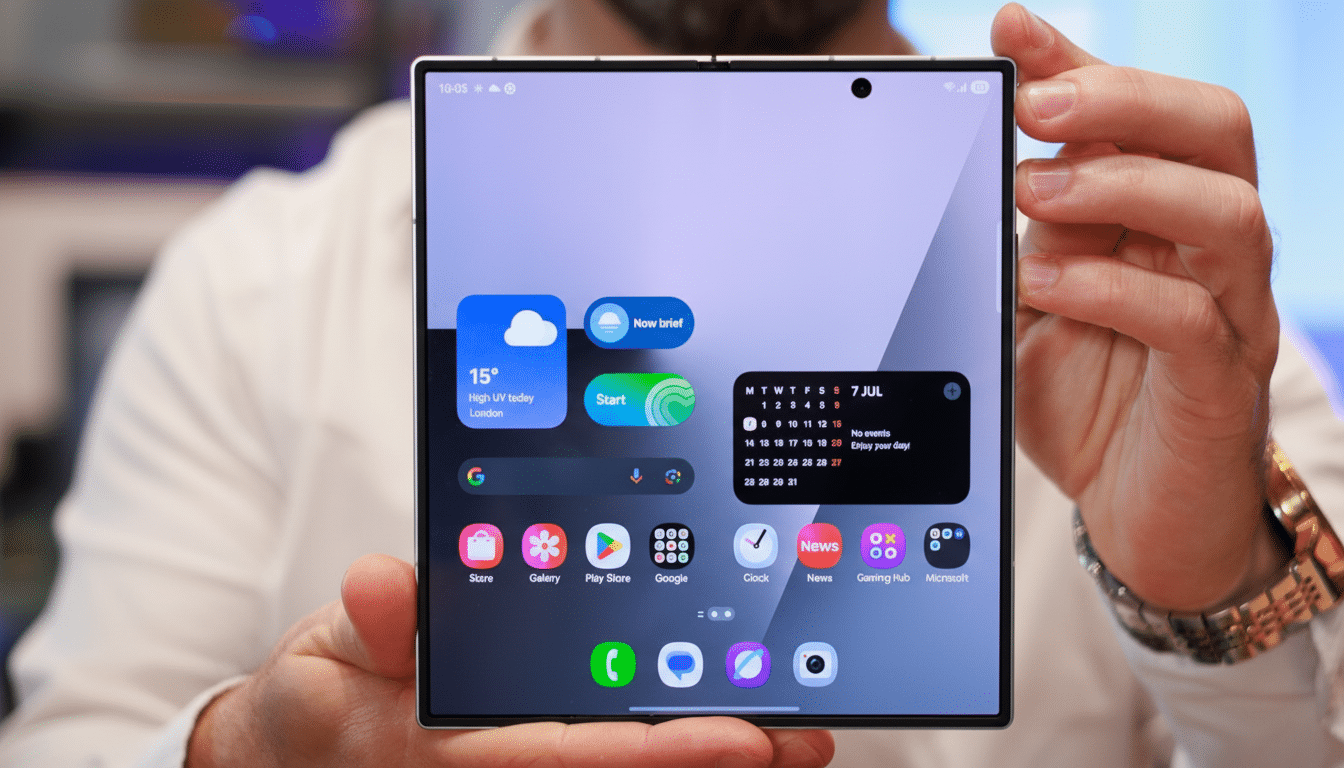 A person holding a foldable smartphone displaying a home screen with various app icons and widgets.