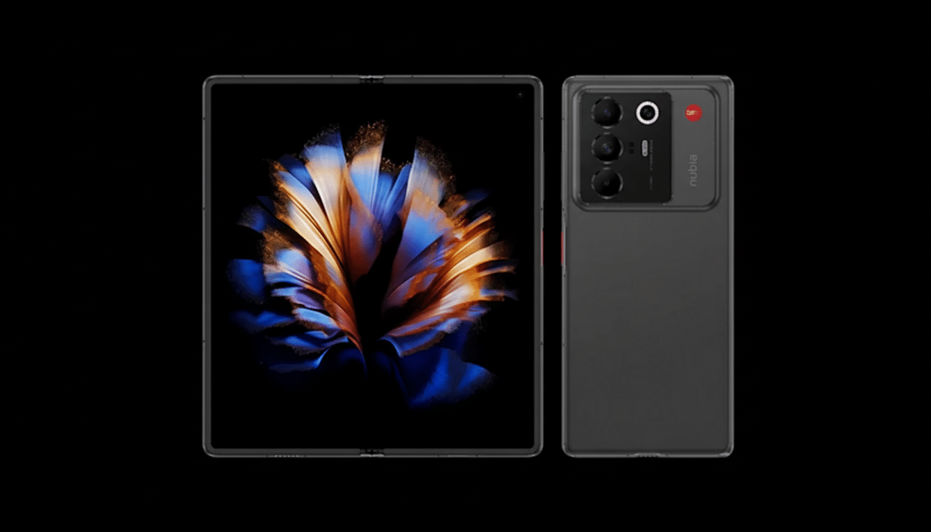 A black foldable smartphone with a vibrant, abstract floral image on its screen, displayed next to its back panel which features a camera array and nubia branding, all set against a dark, professional background.