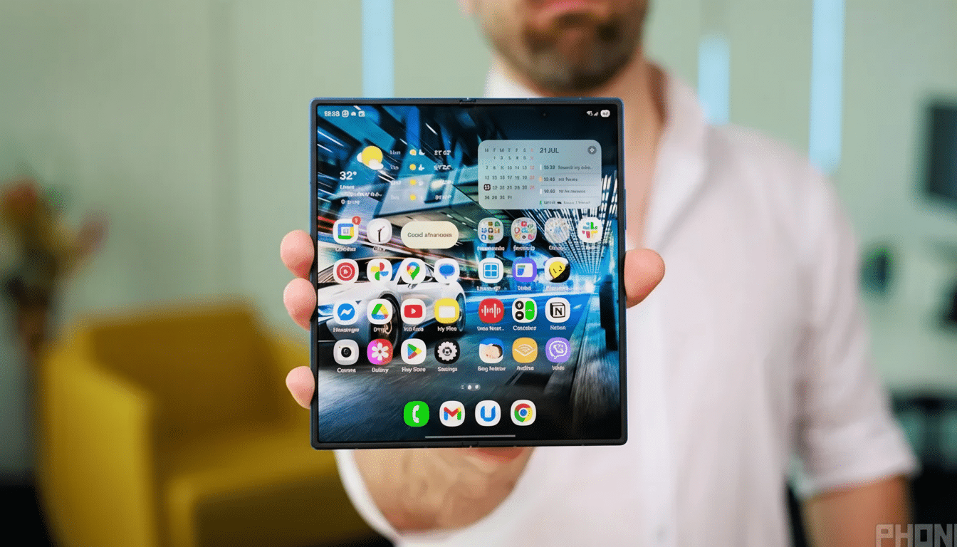A person holding a foldable smartphone, displaying various app icons and widgets on its screen.