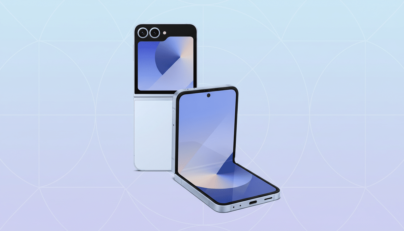 A light blue flip phone, one closed and one partially open, on a professional light blue background with subtle geometric patterns.