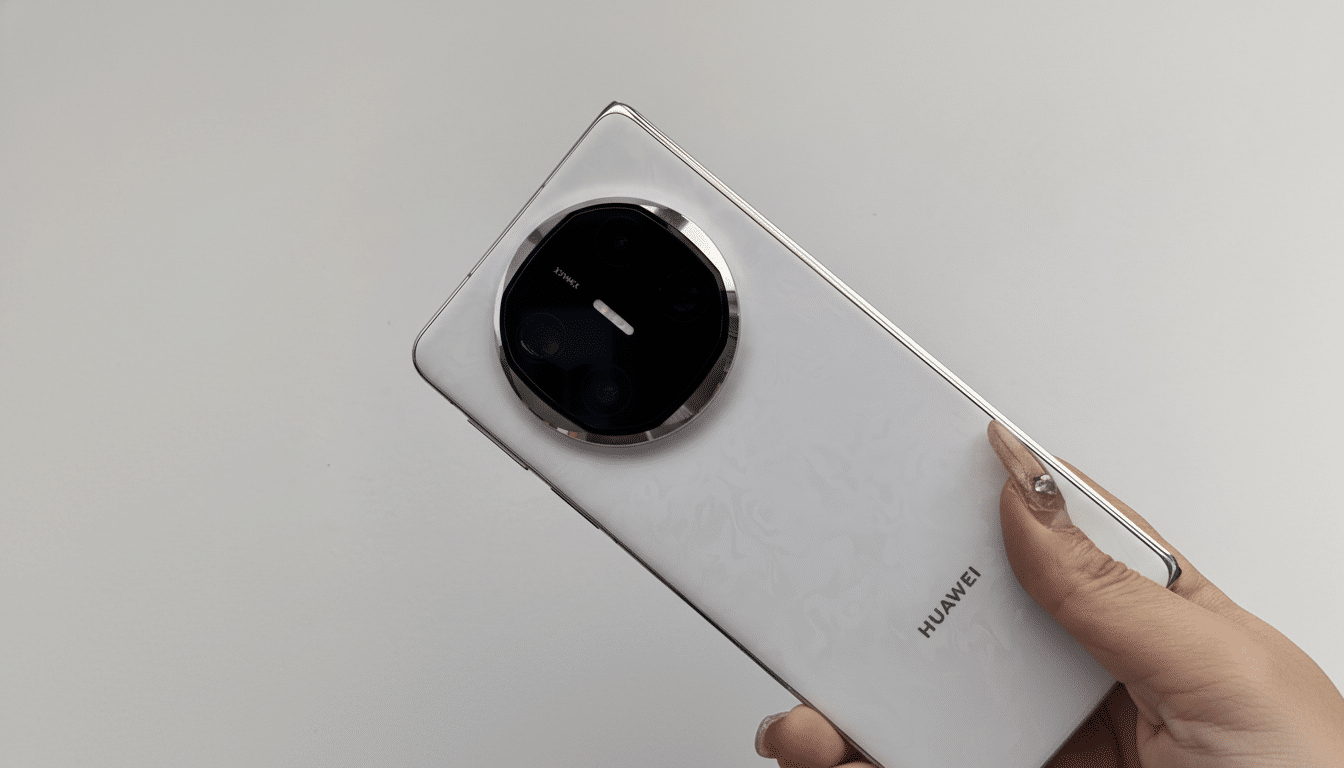 A white Huawei smartphone with a large circular camera module on the back, held by a hand with manicured nails.