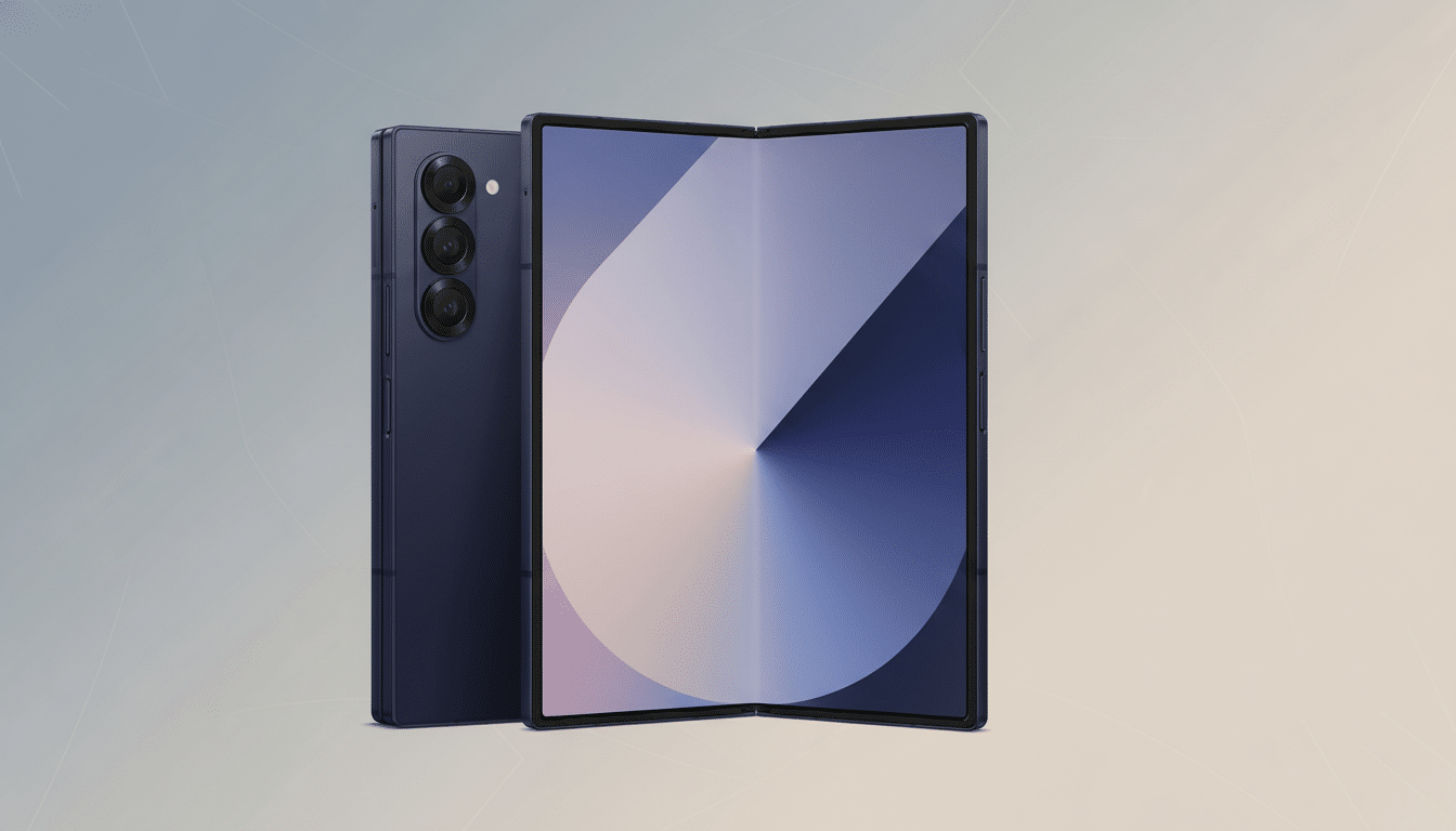 A dark blue foldable smartphone is displayed with its screen open, showing a gradient wallpaper. Behind it, the back of the phone with its camera array is visible. The background is a soft, professional gradient.