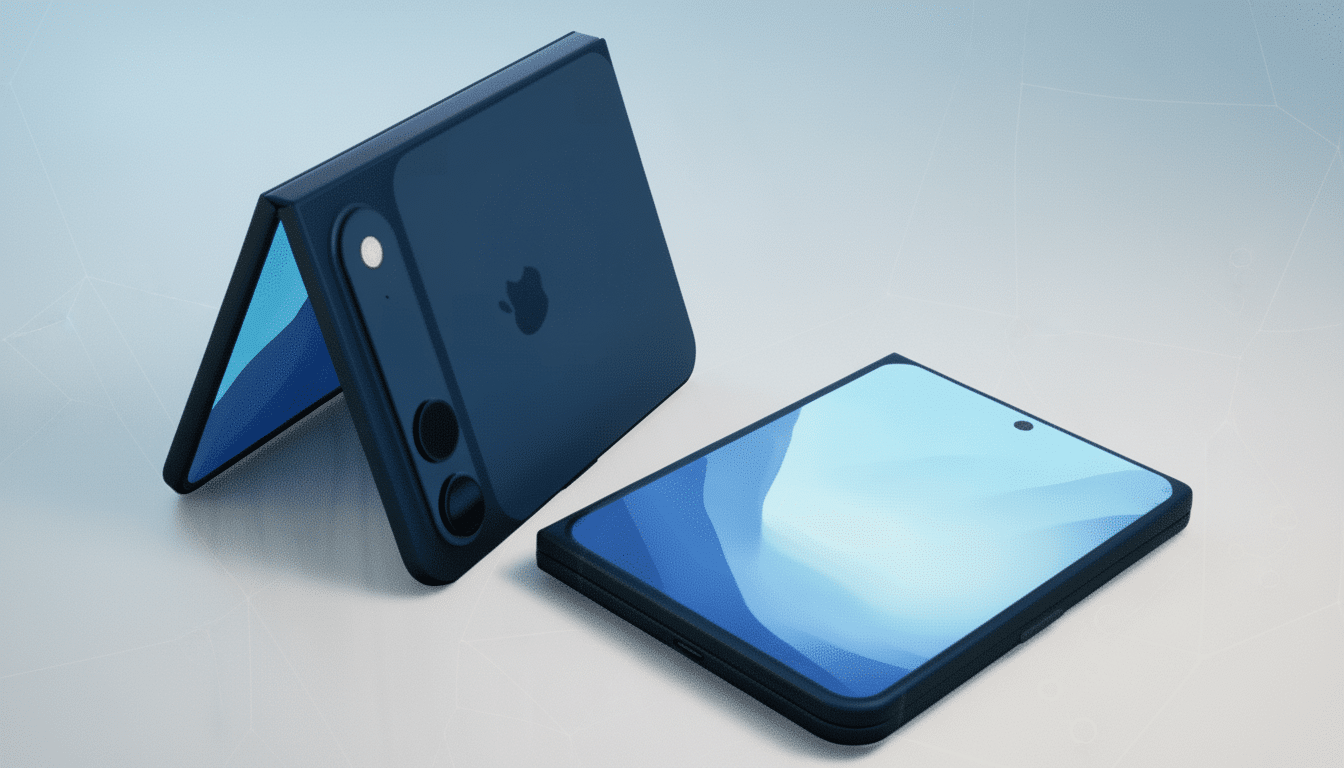 A dark blue foldable smartphone, partially open and displaying a blue screen, rests on a light wooden surface next to another identical phone lying flat with its screen facing up.