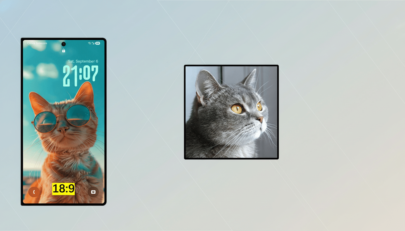 An image showing a smartphone with a cat wearing sunglasses on its screen, and a separate image of a gray cats head, both presented on a professional flat design background with soft patterns and gradients.