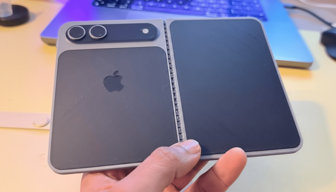 A hand holding a foldable device with an Apple logo on one half and a blank screen on the other, resized to a 16:9 aspect ratio.