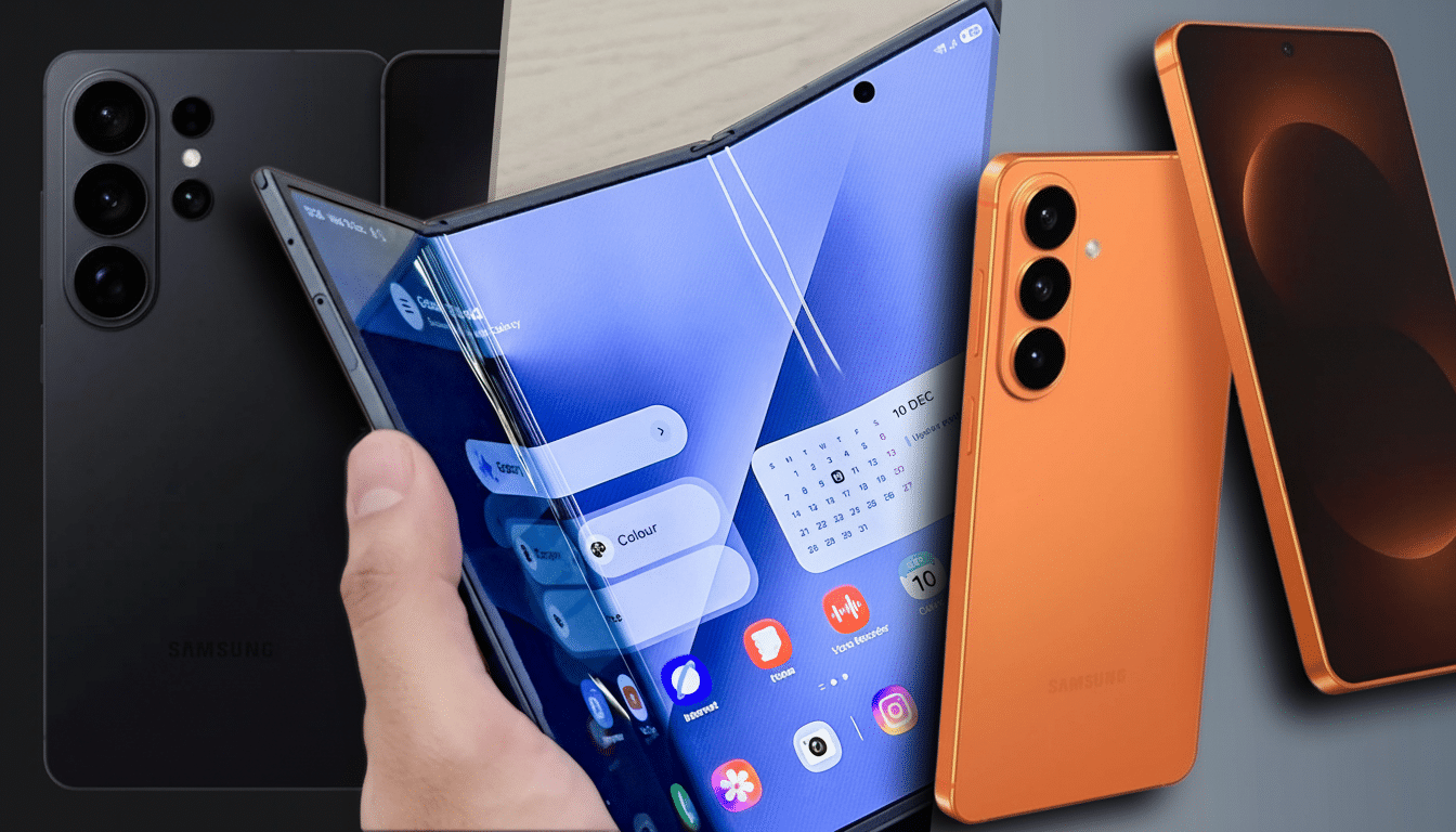 A 16:9 aspect ratio image featuring various Samsung phones, including a black model, an orange model, and a foldable phone held by a hand, all professionally enhanced.