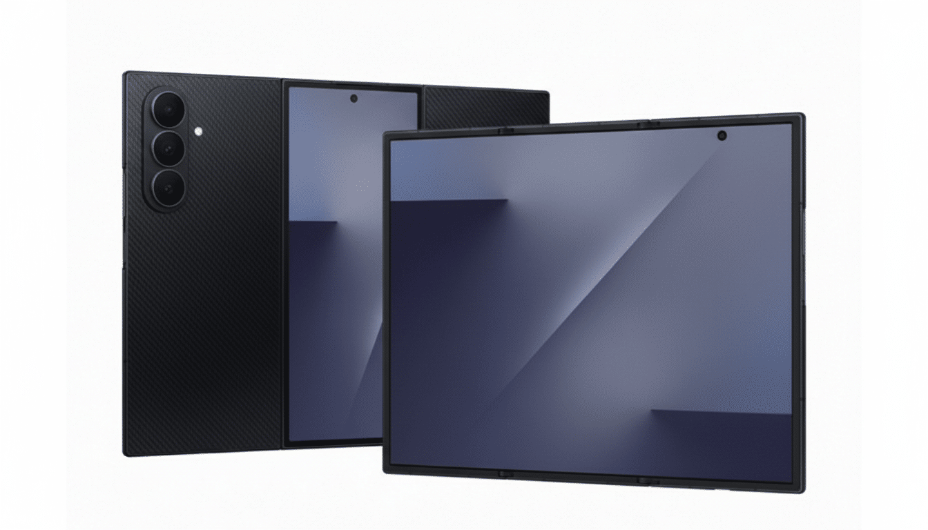 A black foldable smartphone with a textured back and a screen displaying a dark blue and purple abstract design, presented on a white background.