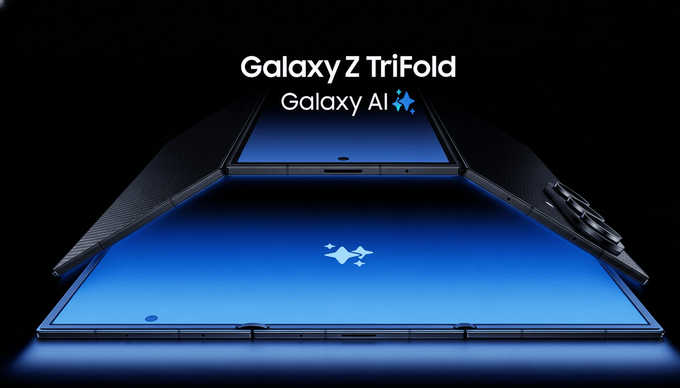 A Samsung Galaxy Z TriFold phone with a blue screen displaying the Galaxy AI logo, set against a dark background.