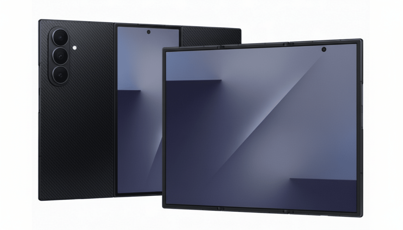 A black foldable smartphone is shown in two states: one folded, revealing its camera array, and one unfolded, displaying a dark blue and grey abstract wallpaper.