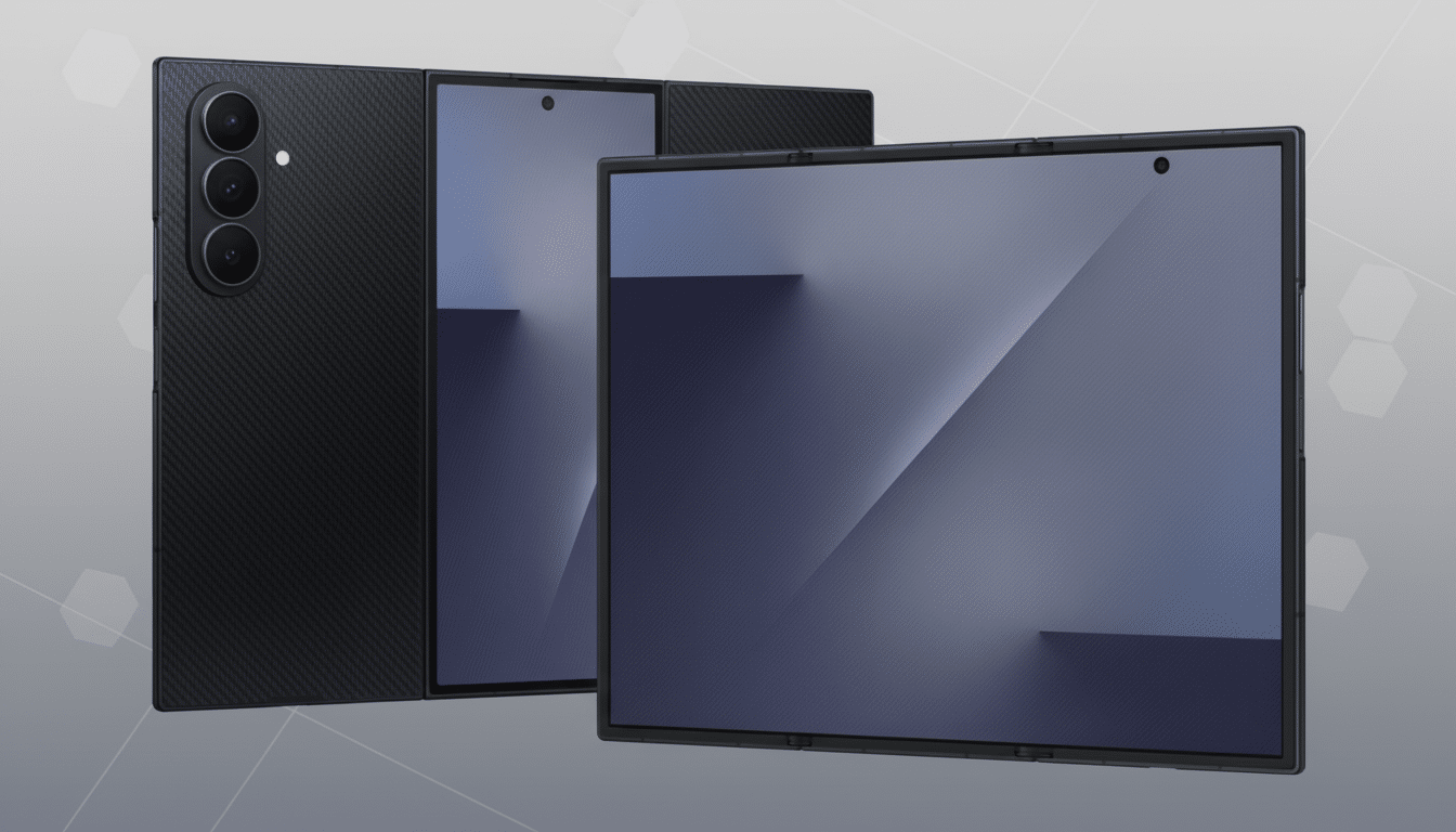 A black foldable smartphone, partially open, with a textured back and a screen displaying a blue and purple abstract design. The phone is set against a professional flat gray background with subtle diagonal line patterns.