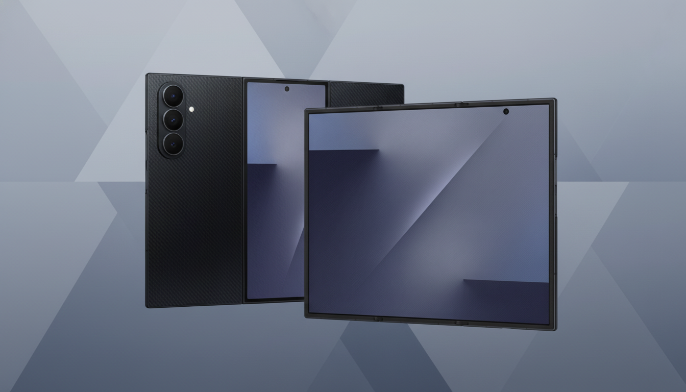 A black foldable smartphone, partially open, with a second, fully open foldable smartphone in the foreground, both displaying a dark blue and purple abstract wallpaper, set against a professional gray background with subtle geometric patterns.