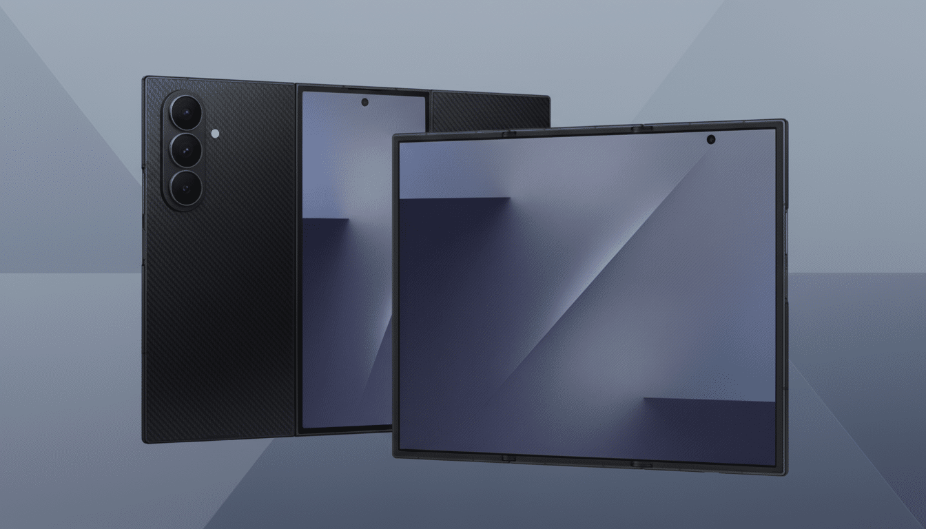 A black foldable smartphone is displayed in a 16:9 aspect ratio. One phone is partially folded, showing its camera array, while another is fully open, displaying a dark blue and purple abstract wallpaper. The background is a professional flat design with soft gray patterns.