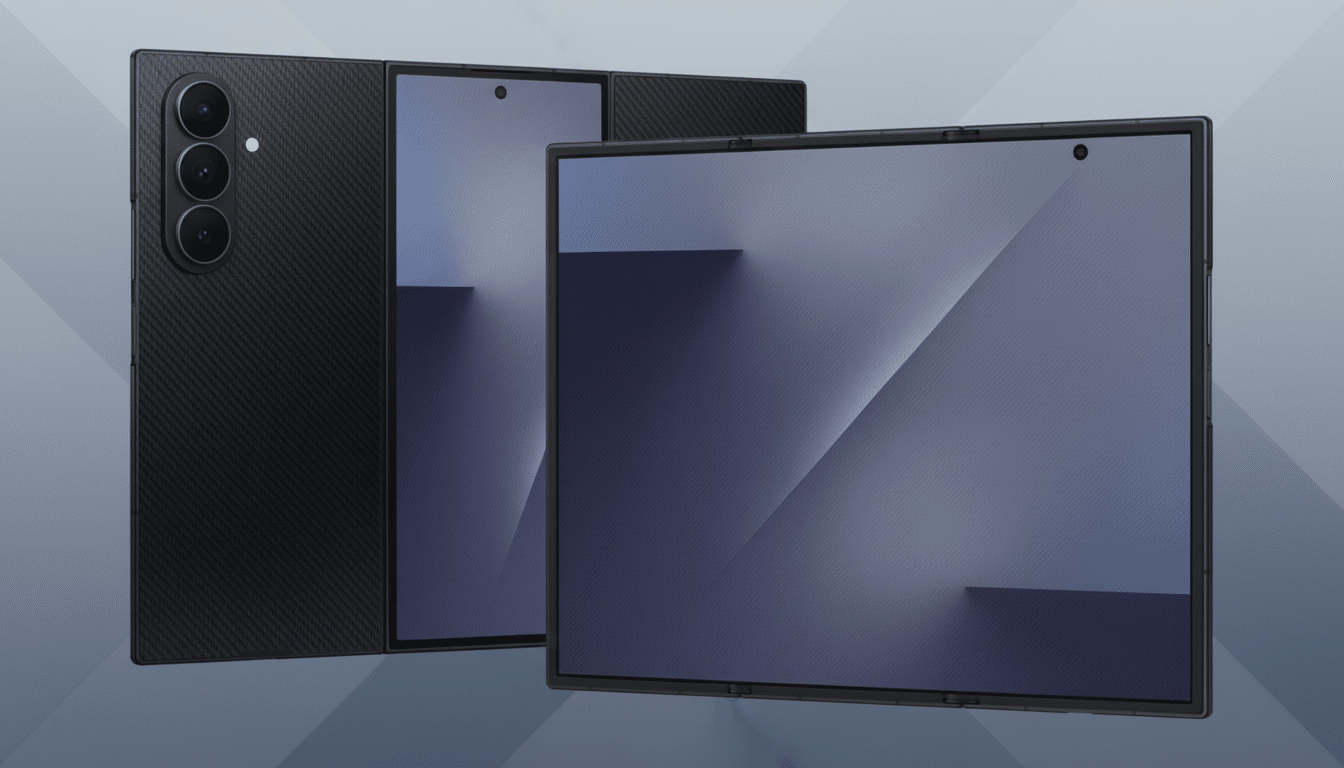 A black foldable smartphone, partially unfolded, with a dark blue and grey abstract wallpaper on its screens, set against a professional gradient background.