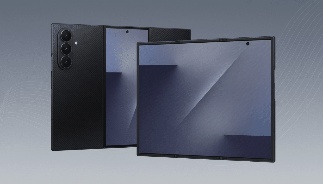 A black foldable smartphone is displayed in a 16:9 aspect ratio with a professional flat design background featuring soft patterns and gradients. The phone is shown both folded and unfolded, with its screens displaying a dark, abstract wallpaper.