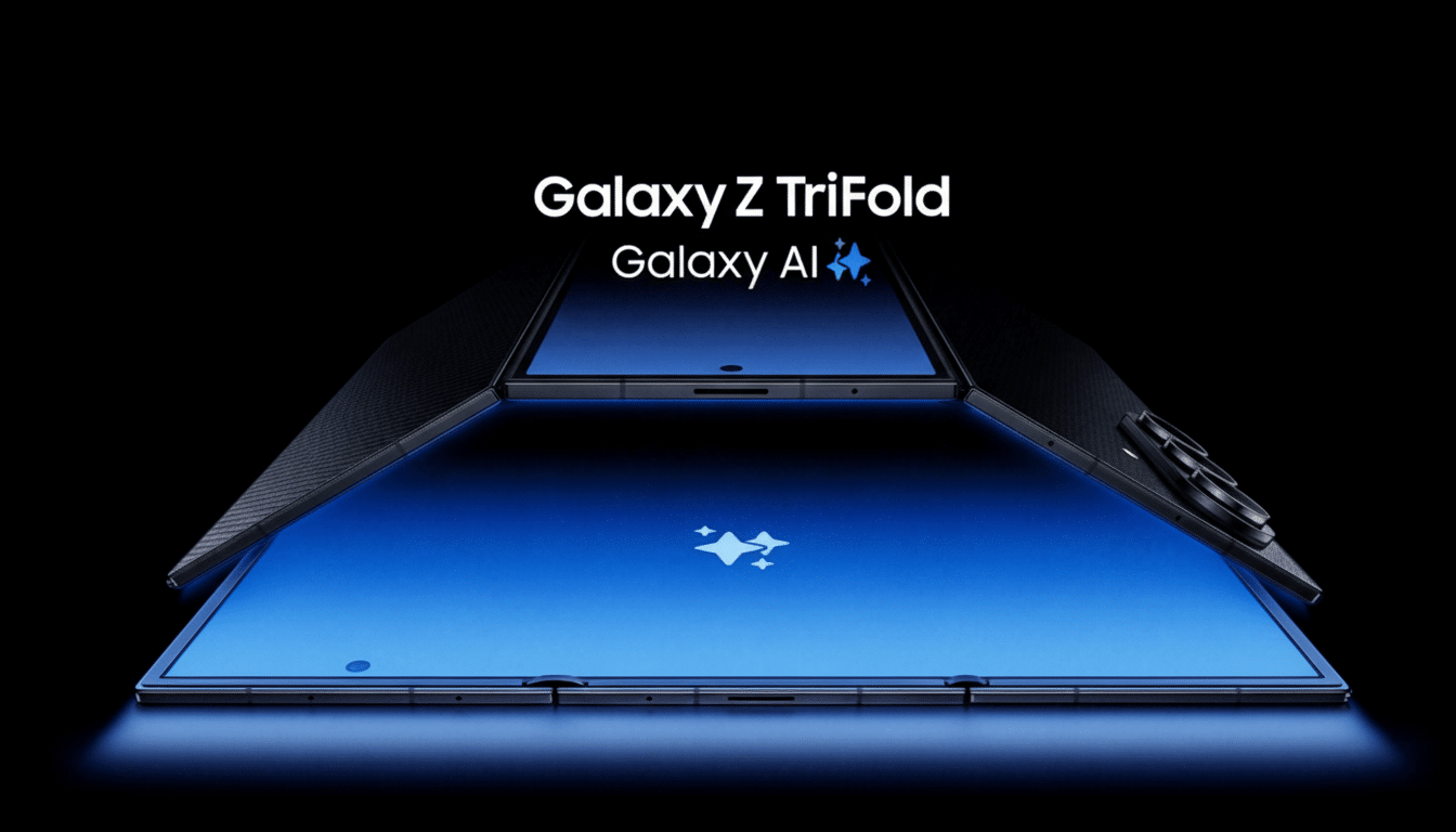 A Samsung Galaxy Z TriFold phone, partially unfolded, displaying a blue screen with a star icon, against a dark background.