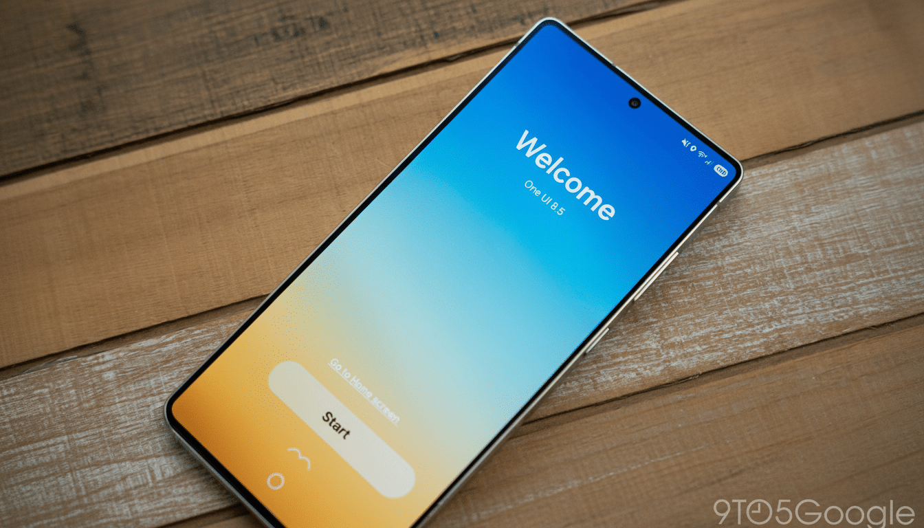 A smartphone displaying a Welcome screen with One UI 8.5 and a Start button, set against a wooden background.
