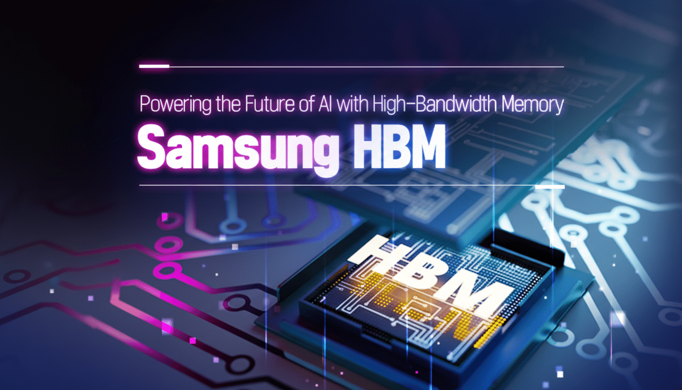A 16:9 aspect ratio image of a Samsung HBM (High-Bandwidth Memory) chip on a circuit board, with the text Powering the Future of AI with High-Bandwidth Memory Samsung HBM displayed prominently.