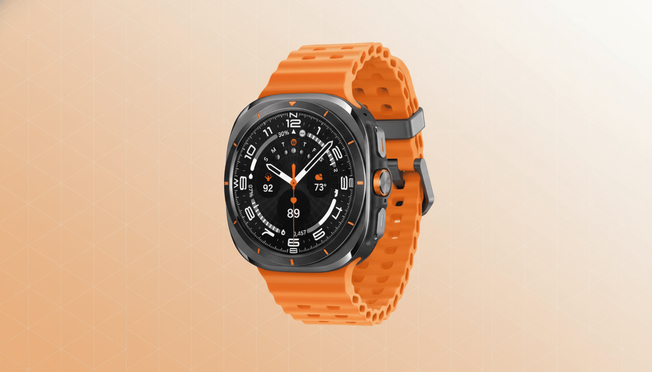 A professional image of a black smartwatch with an orange band, set against a soft, patterned gradient background.