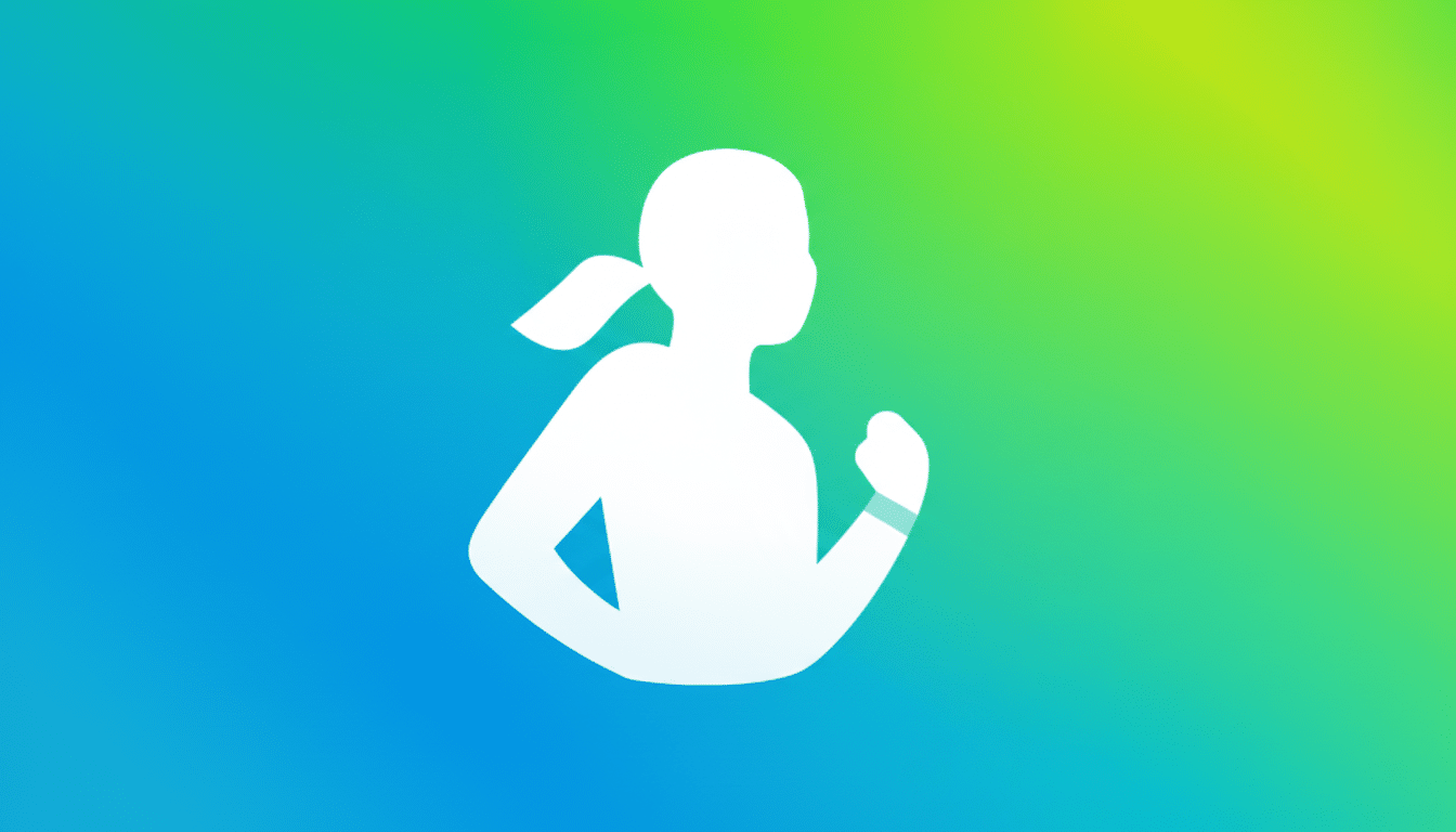 A white silhouette of a person with a ponytail and a fitness tracker on their wrist, set against a vibrant gradient background that transitions from blue to green.