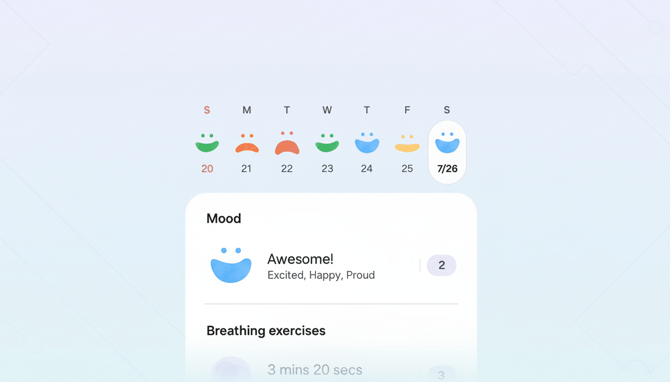 A mobile app screen displaying a mood tracker and breathing exercises. The mood tracker shows a calendar week with different smiley faces indicating daily moods, and a highlighted 7/26 with a happy blue face. Below, a Mood section shows Awesome! Excited, Happy, Proud with a blue smiley icon. Further down, a Breathing exercises section shows 3 mins 20 secs. The background is a light blue with subtle geometric patterns.