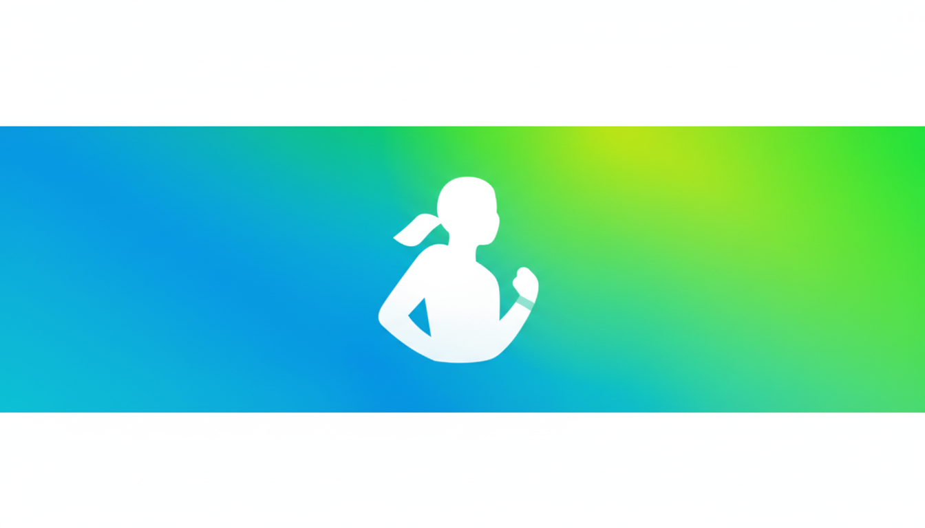 A white silhouette of a person with a ponytail and a fitness tracker on their wrist, set against a gradient background that transitions from blue to green. The image is presented in a 16:9 aspect ratio with white borders on the top and bottom.