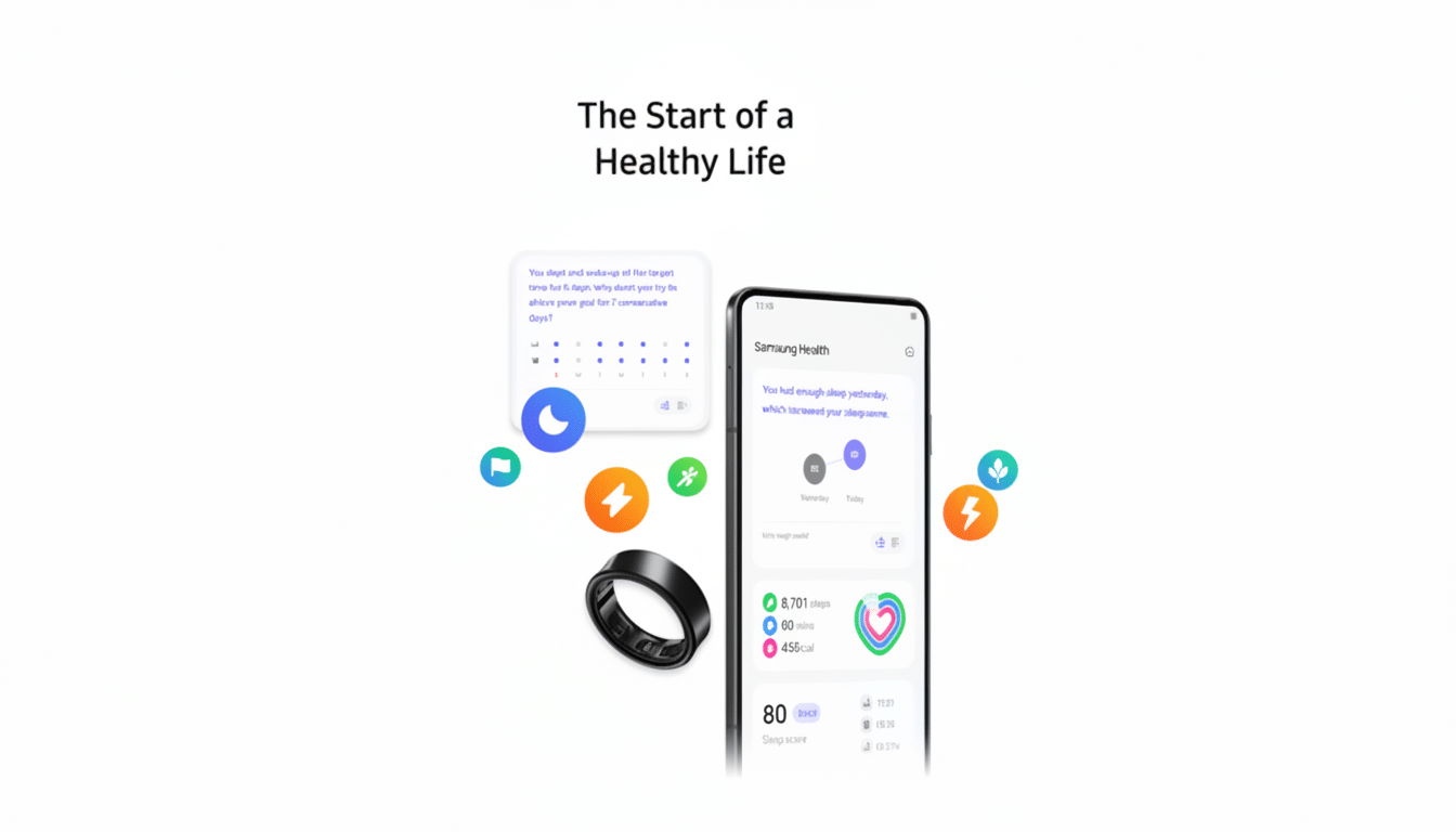 A 16:9 aspect ratio image showing a Samsung Health app interface on a smartphone, a smart ring, and various health-related icons, all against a clean white background with the text The Start of a Healthy Life.