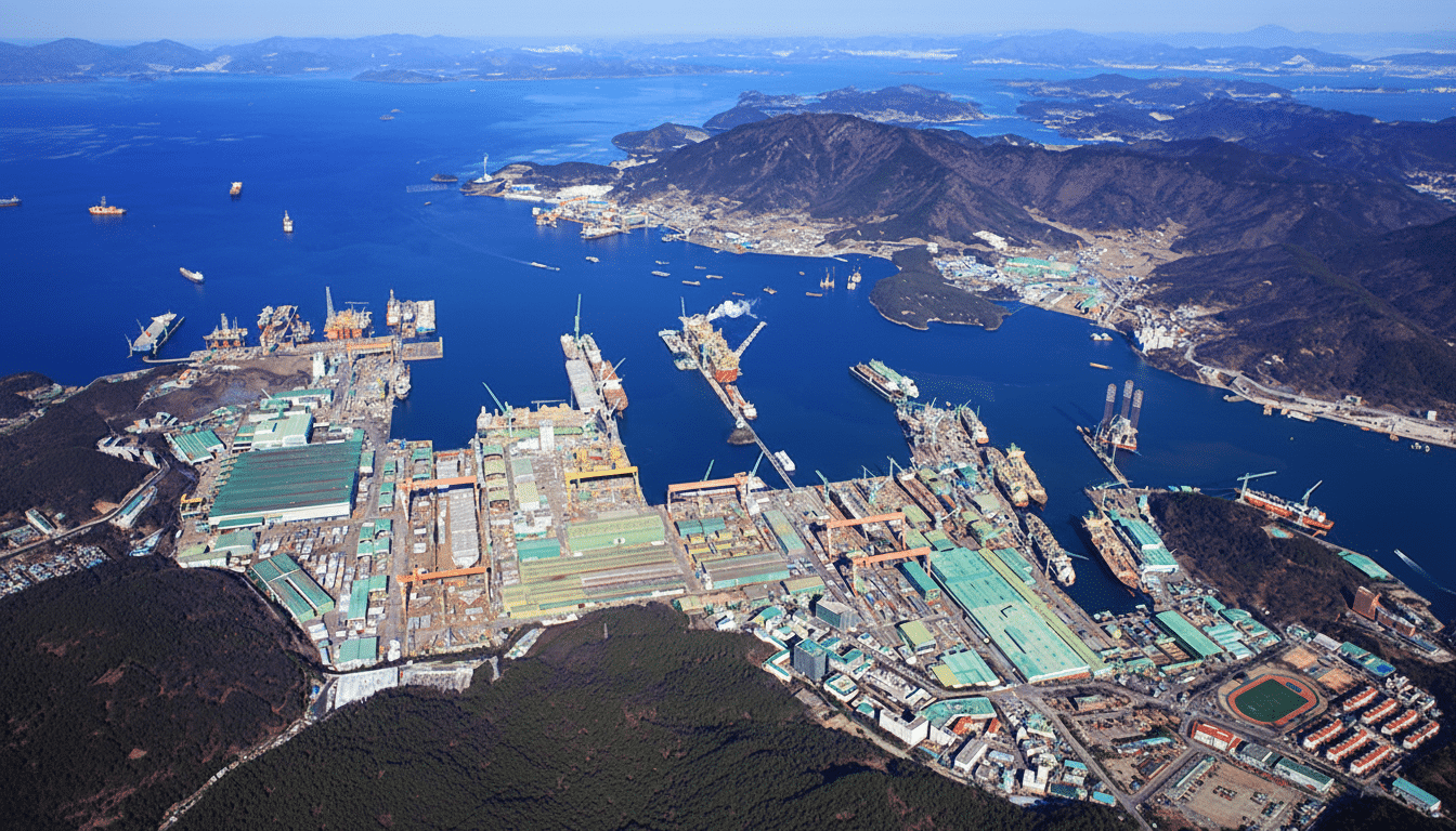 An aerial view of a large shipyard and industrial complex situated along a coastline with numerous ships docked and under construction, surrounded by mountains and blue water.