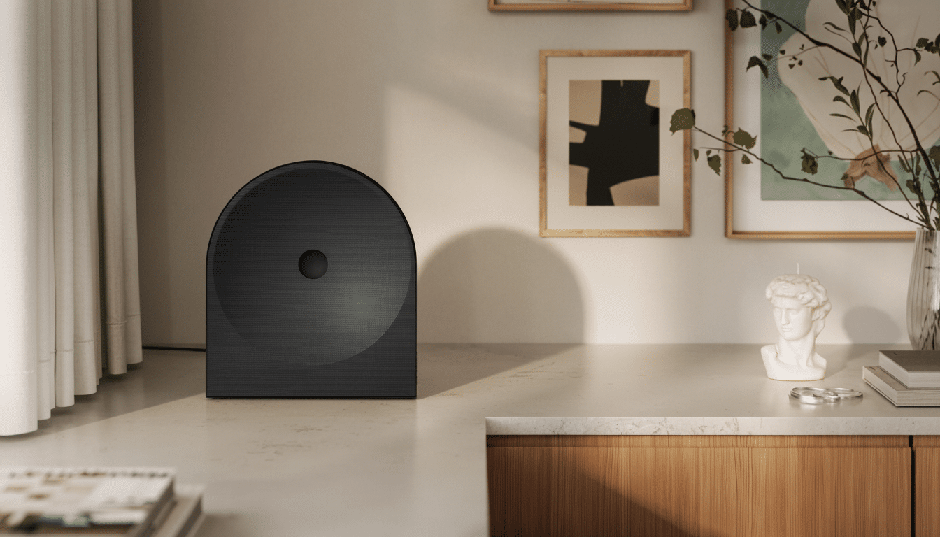 A black, arched speaker with a circular center detail sits on a light-colored desk. In the background, framed artwork and a vase with branches are visible, along with a white bust candle.