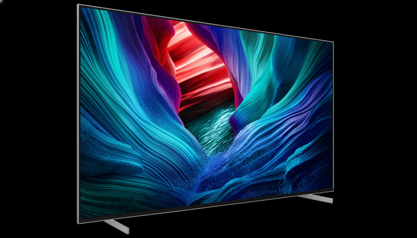 A sleek, modern television displaying a vibrant, abstract image of swirling blue, green, and red colors, set against a black background.