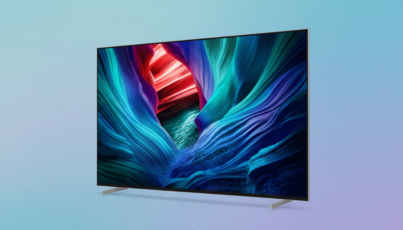 A sleek, modern television displaying a vibrant, abstract image of colorful, flowing textures, set against a professional flat design background with a soft blue and purple gradient and subtle grid pattern.