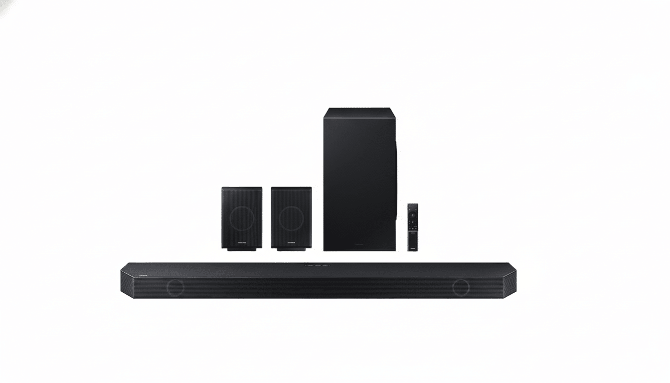 A Samsung soundbar system with a long, black soundbar in the foreground, two smaller satellite speakers, a subwoofer, and a remote control, all arranged on a white background.