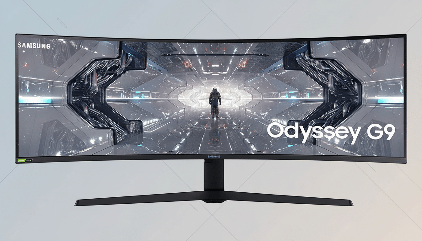 A Samsung Odyssey G9 curved gaming monitor displayed against a professional flat design background with soft gradients.