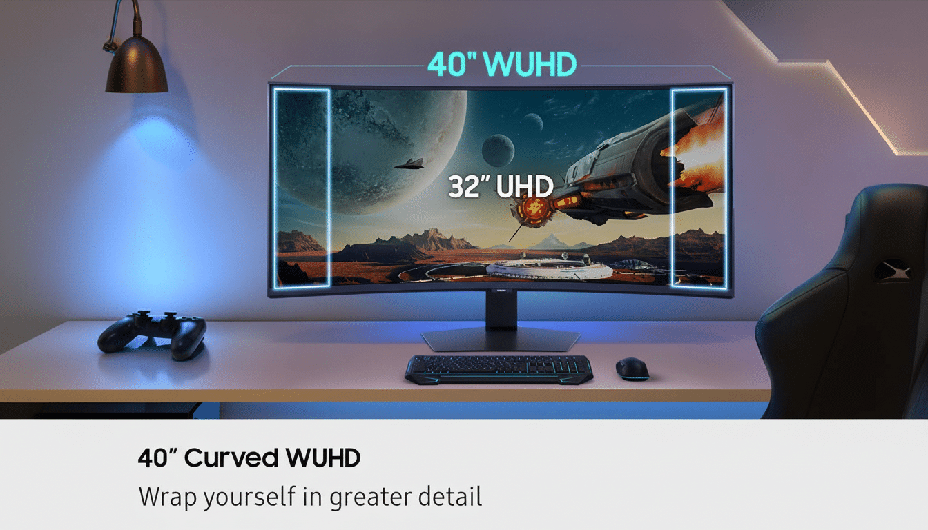 A 40-inch curved WUHD monitor displaying a space scene, with a keyboard, mouse, and game controller on a desk.