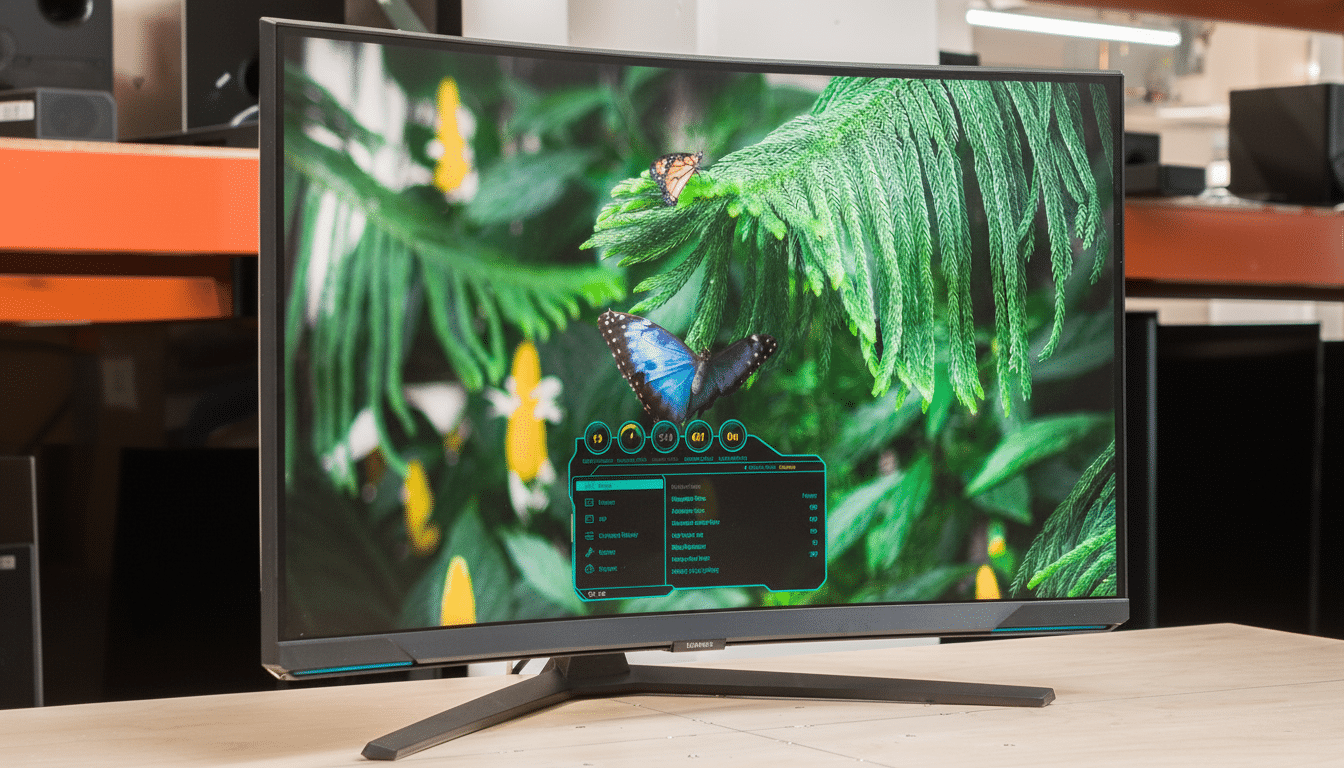 A Samsung curved gaming monitor displaying a vibrant image of butterflies on green foliage, with an on-screen display menu visible.