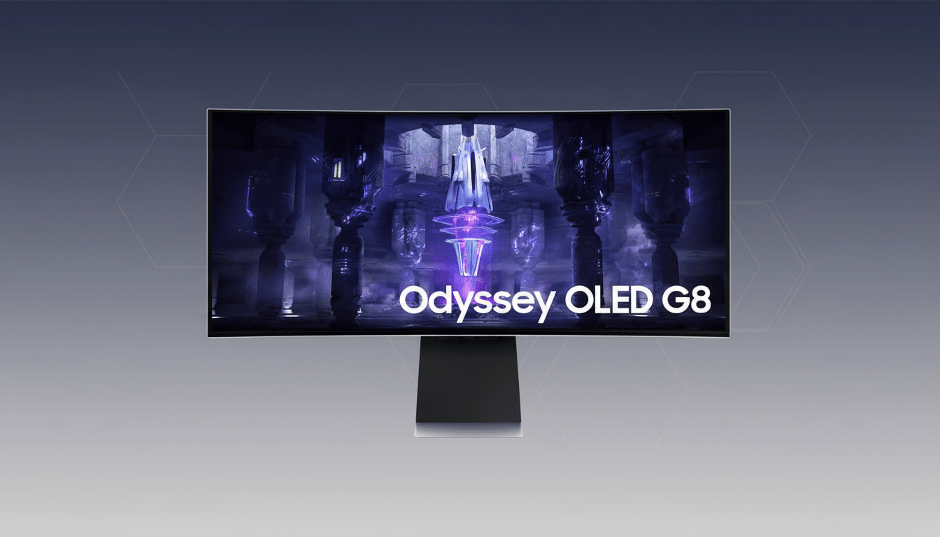 A Samsung Odyssey OLED G8 monitor displayed on a professional flat design background with soft patterns and gradients.