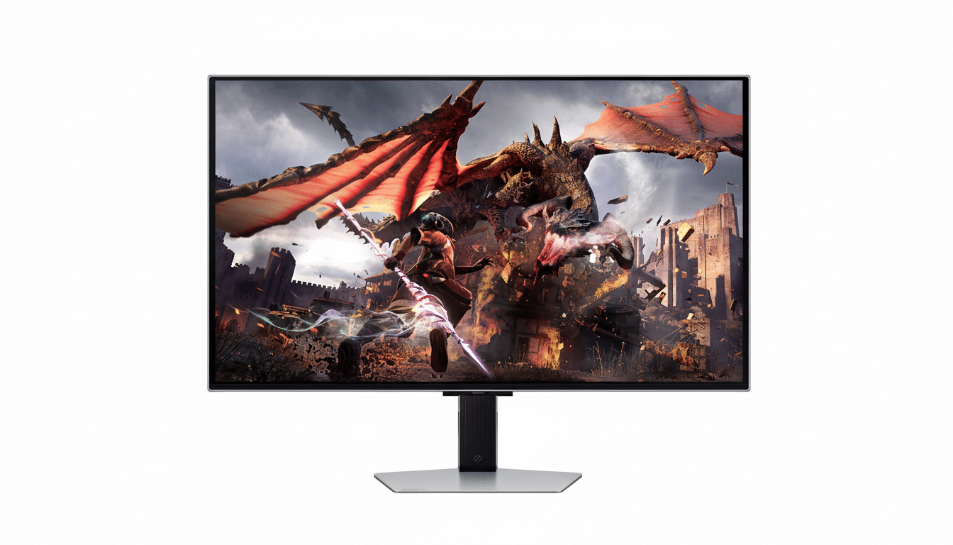 A gaming monitor displaying a fantasy scene with a dragon and a warrior, set against a white background.