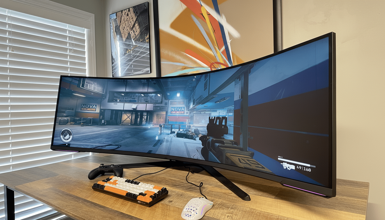 A curved gaming monitor displaying a first-person shooter game, with a controller, keyboard, and mouse on a wooden desk.
