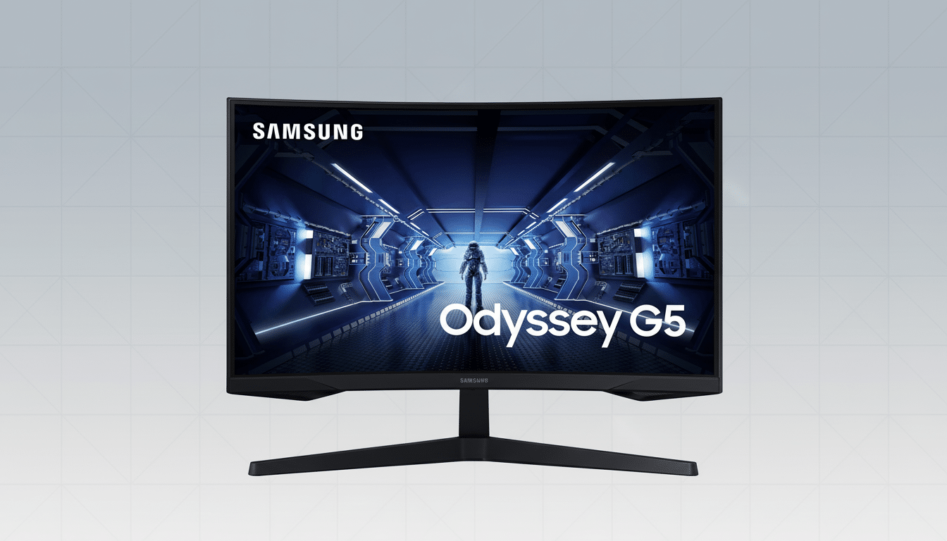 A Samsung Odyssey G5 curved gaming monitor displayed against a professional flat design background with soft patterns.