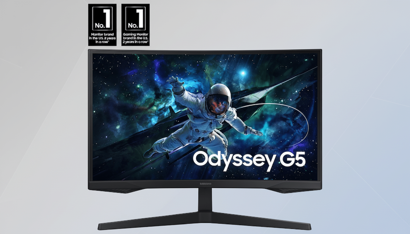 A Samsung Odyssey G5 gaming monitor displaying an astronaut in space, with Odyssey G5 text on the screen. The monitor is set against a professional flat design background with a soft gradient.