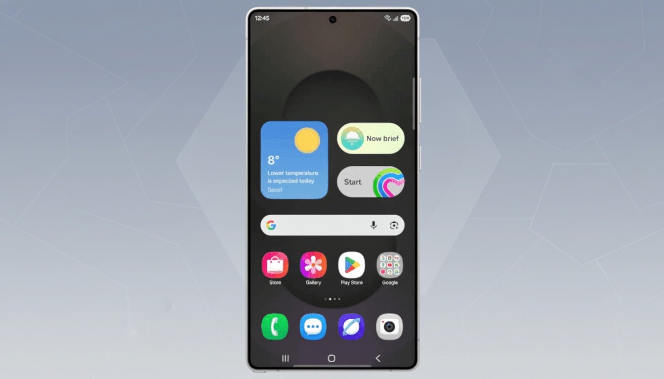 A smartphone displaying its home screen with various app icons and widgets, set against a professional flat design background with soft patterns.