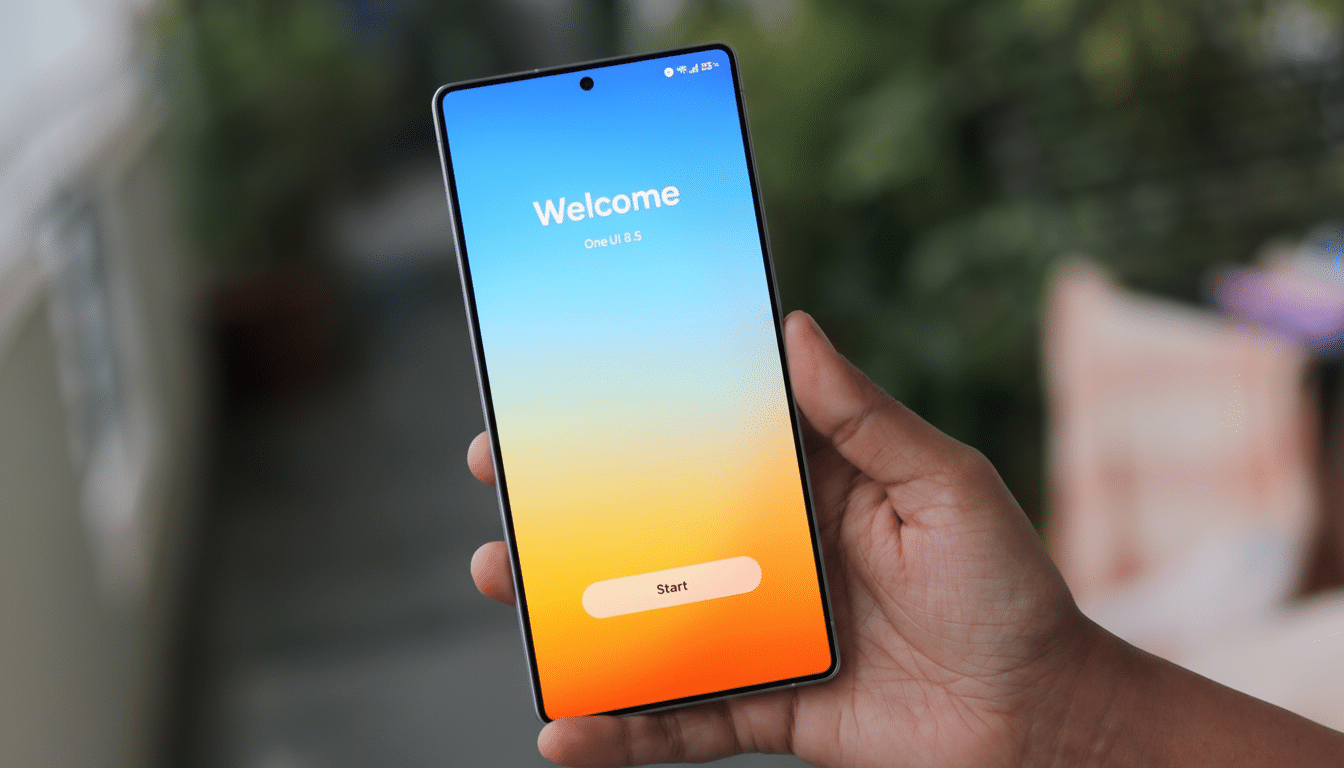 A hand holding a smartphone displaying a Welcome screen with One UI 8.5 and a Start button, set against a blurred outdoor background.